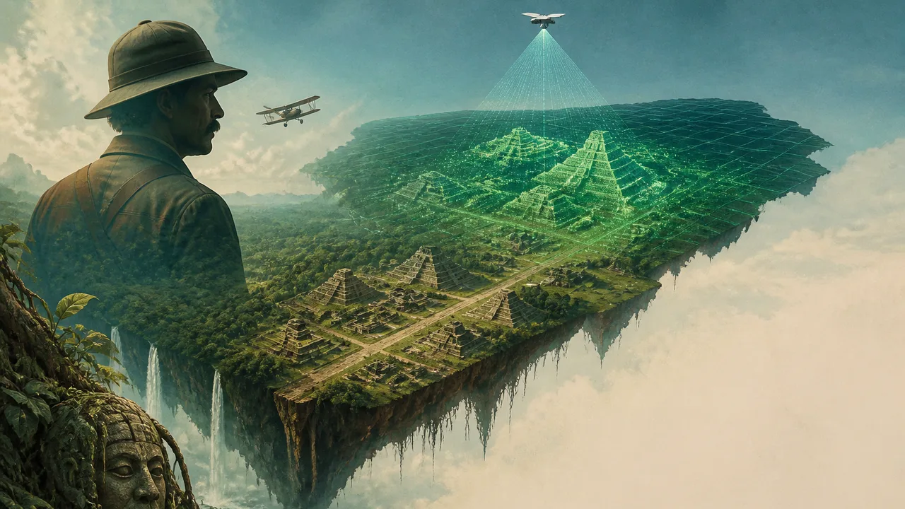 Indigenous leader in traditional headdress stands beside an illustrated aerial view of a large circular stone settlement…