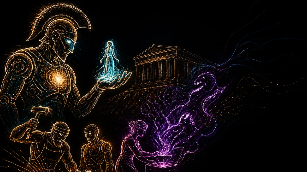 Two men flank large white text reading "AI STARTED 2500 YEARS AGO" against a backdrop of the Parthenon and ancient Greek…