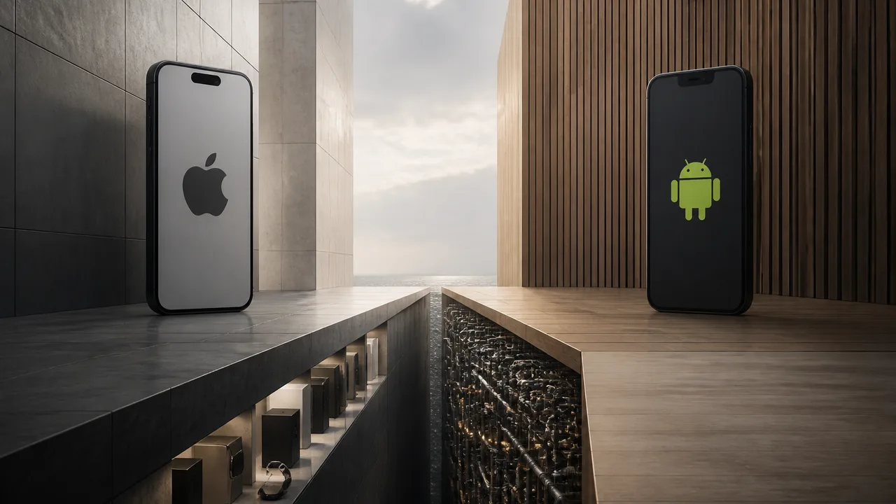 Two hands hold an Android phone and iPhone side-by-side against a colorful bokeh background with "VS" and "What's the Real…