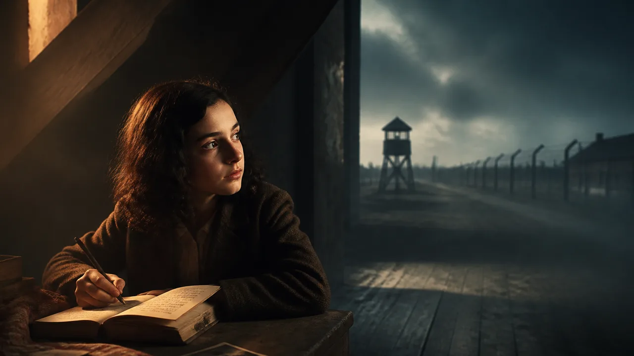 A colorized portrait of a young woman smiling at the camera, with text overlay about Anne Frank's death in 1945 and new…