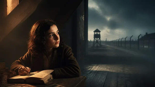 A colorized portrait of a young woman smiling at the camera, with text overlay about Anne Frank's death in 1945 and new…