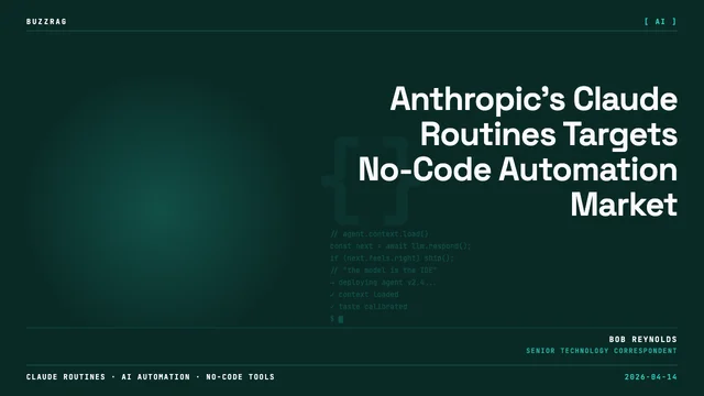 Smiling man in green shirt points to a window displaying the /routines app logo with API, webhook, and schedule options