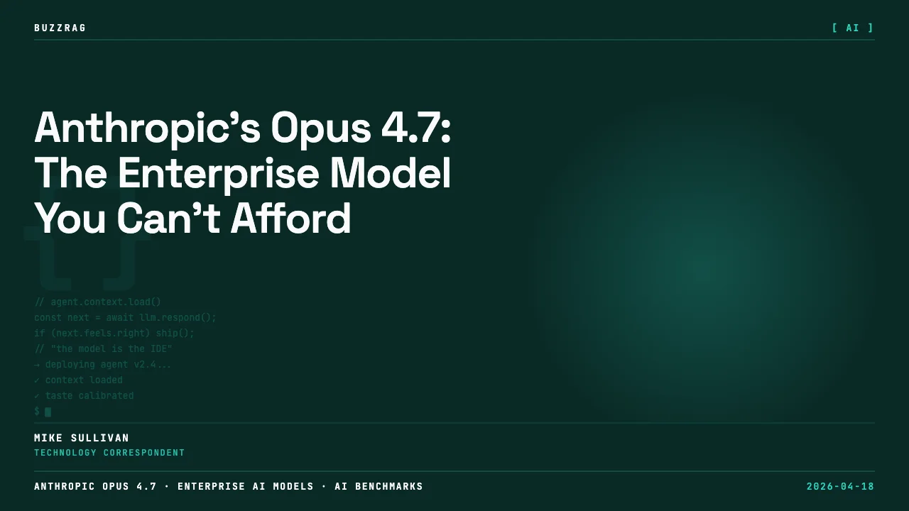 A presenter on stage introduces Anthropic's Opus 4.7 AI model beside a glowing-eyed white humanoid robot head with…
