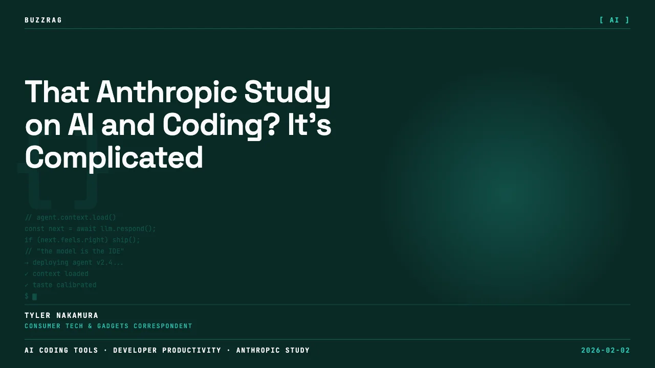 Man in black shirt against beige background with text about AI assistance and coding skills, dated Jan 29 2026