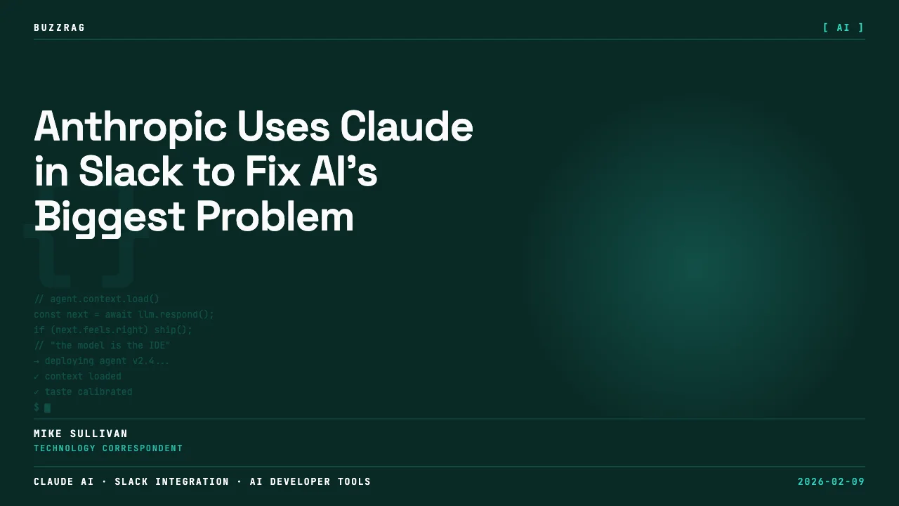 Man with beard wearing blue jacket next to Claude Code and Slack logos on dark background with text about anthropic ships