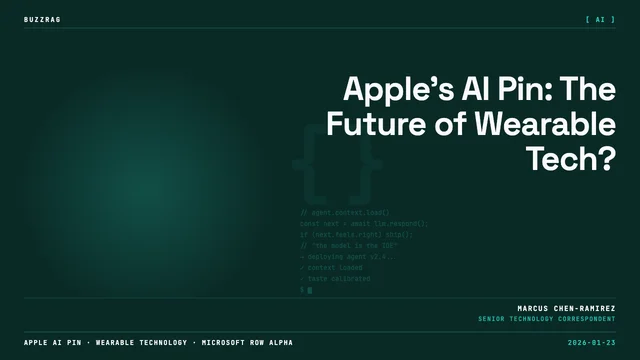 Apple executive presents futuristic AI PIN device with glowing blue ring on stage before audience.
