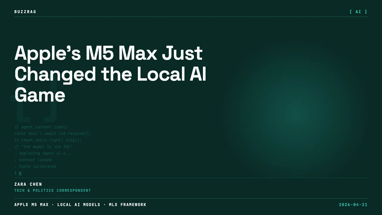 Hands holding a silver MacBook Pro with Apple logo centered, with "M5 GEMMA4 MLX" text displayed above against a dark…