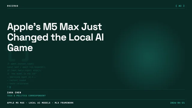 Hands holding a silver MacBook Pro with Apple logo centered, with "M5 GEMMA4 MLX" text displayed above against a dark…