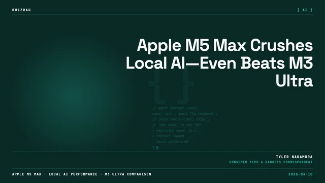Man in blue shirt holding MacBook displaying M5 Max logo against colorful background