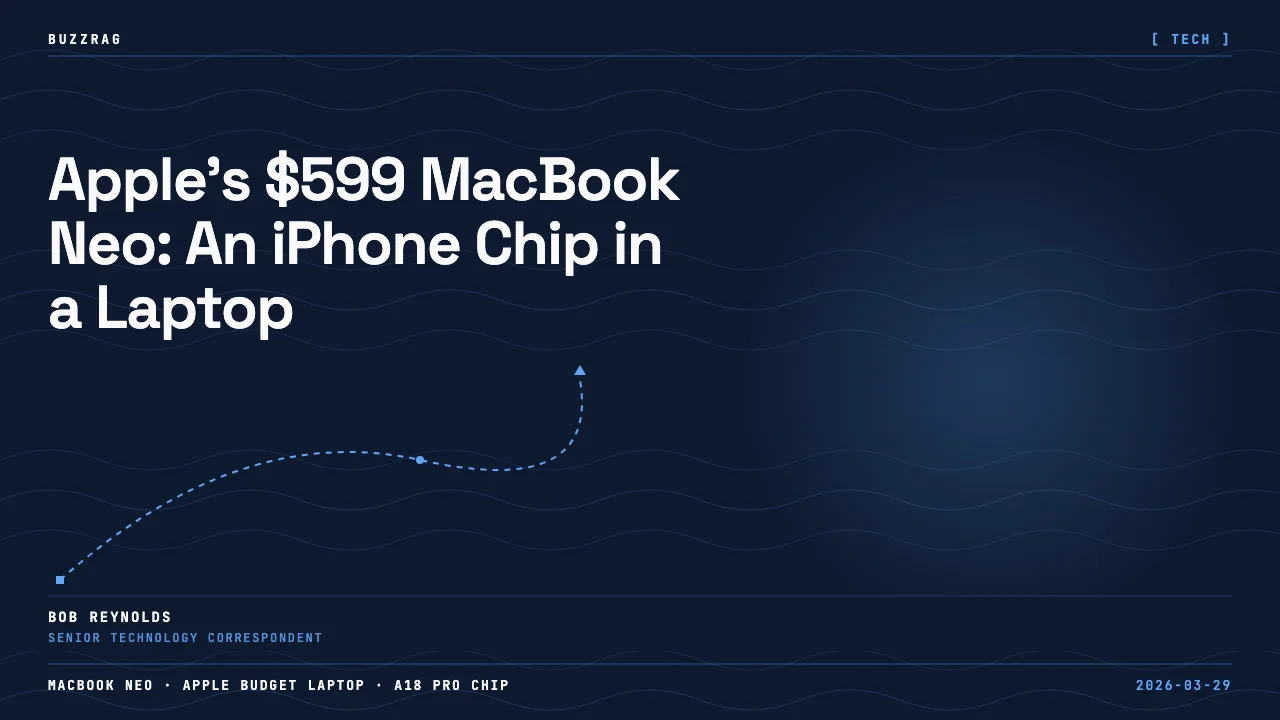 Pink MacBook laptop displaying colorful wallpaper next to orange iPhone, with "Apple Wins!" text overlay on desk setup