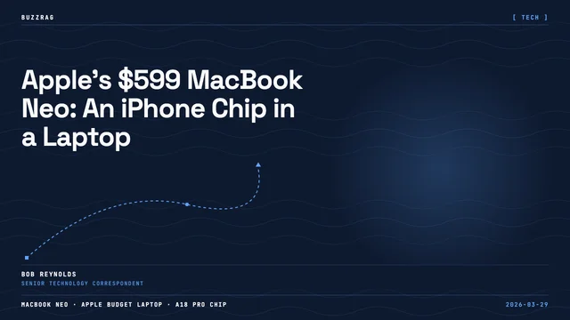 Pink MacBook laptop displaying colorful wallpaper next to orange iPhone, with "Apple Wins!" text overlay on desk setup