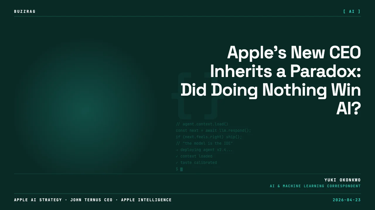 A futuristic robot with the Apple logo holds a "Hardware-First" chip and "AI-First" sphere against a sunset cityscape…