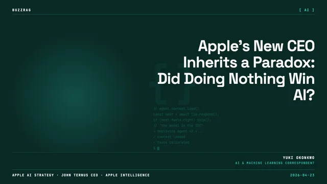 A futuristic robot with the Apple logo holds a "Hardware-First" chip and "AI-First" sphere against a sunset cityscape…