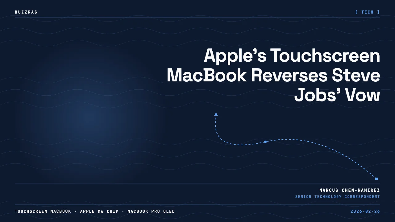 A hand points at a MacBook displaying the M6 Max chip logo with a glowing neon frame against a vibrant purple gradient…