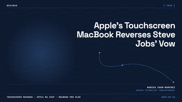 A hand points at a MacBook displaying the M6 Max chip logo with a glowing neon frame against a vibrant purple gradient…