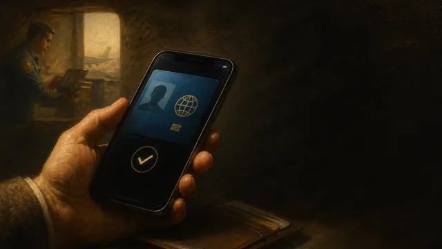 iPhone displaying Digital ID in Apple Wallet beside physical passport, with colorful bokeh background and "Digital ID is…