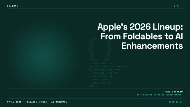 Tim Cook gestures beside "2026" text with colorful MacBooks, iPad, and Vision Pro against gradient background