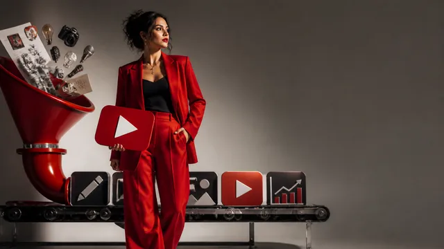 Two content creators celebrate viral success: man in black cap pointing at camera, woman in red holding YouTube silver play…