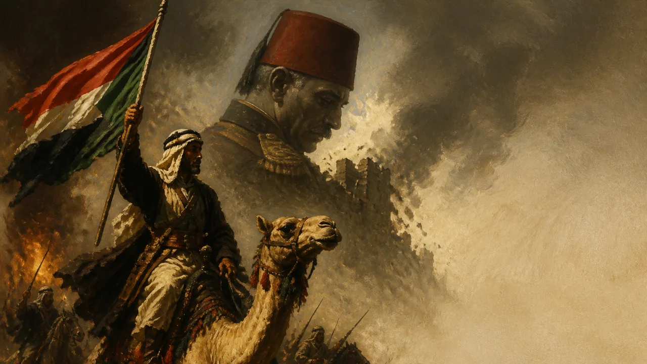 Map of the Middle East with green uprising symbols, a man on camel in traditional dress, and "Ottomans in World War I: Arab…