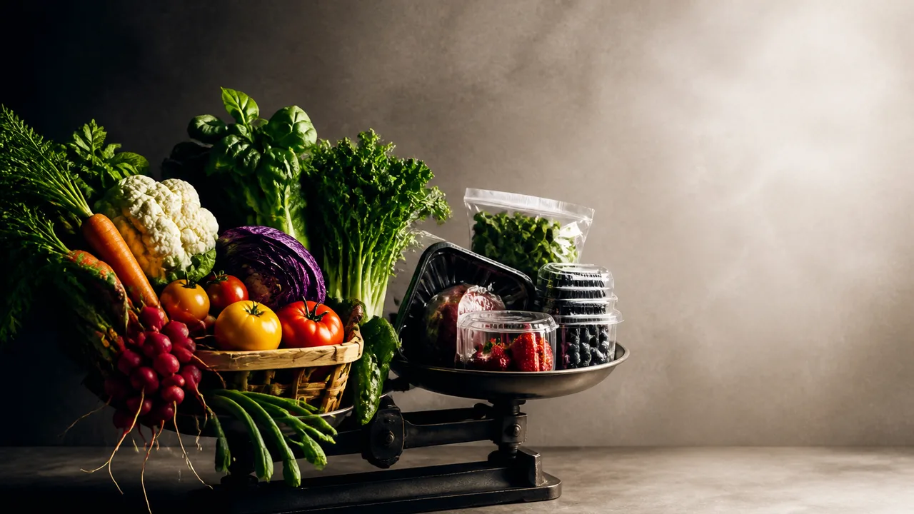 Split-screen showing fresh blackberries at a farmers market and supermarket produce section with yellow text asking "Local…