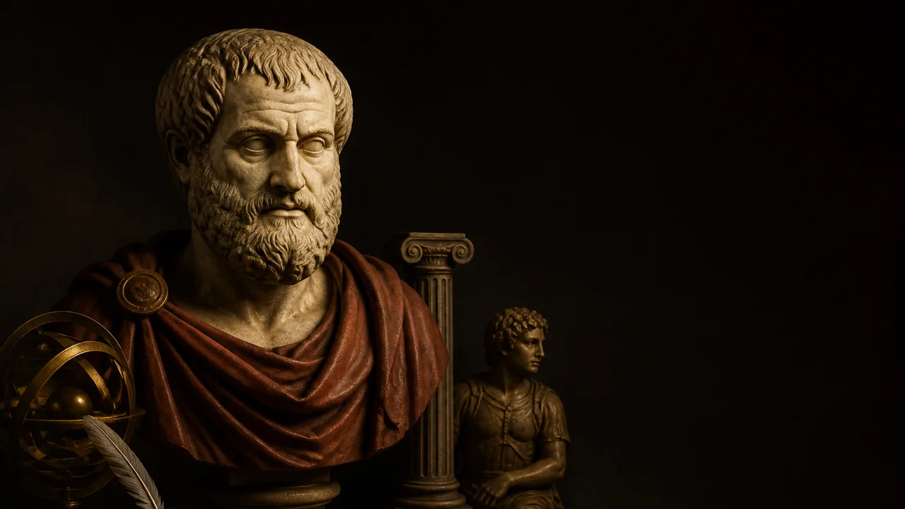 A bearded ancient Greek philosopher portrait on the right faces a mounted warrior leading troops toward a fortified city,…