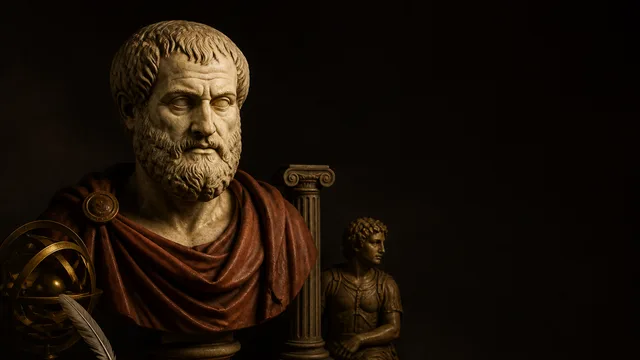 A bearded ancient Greek philosopher portrait on the right faces a mounted warrior leading troops toward a fortified city,…