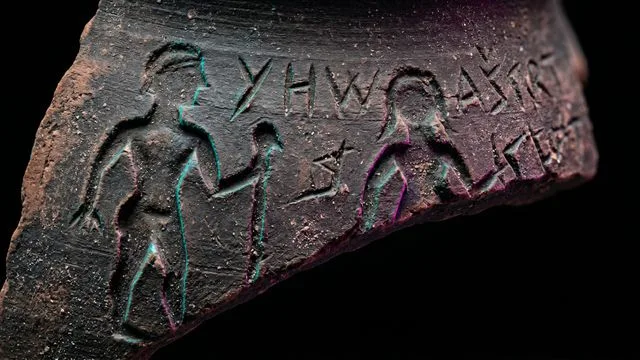 Ancient golden statue of a female deity on left against green background, with a large tree on right and white text reading…