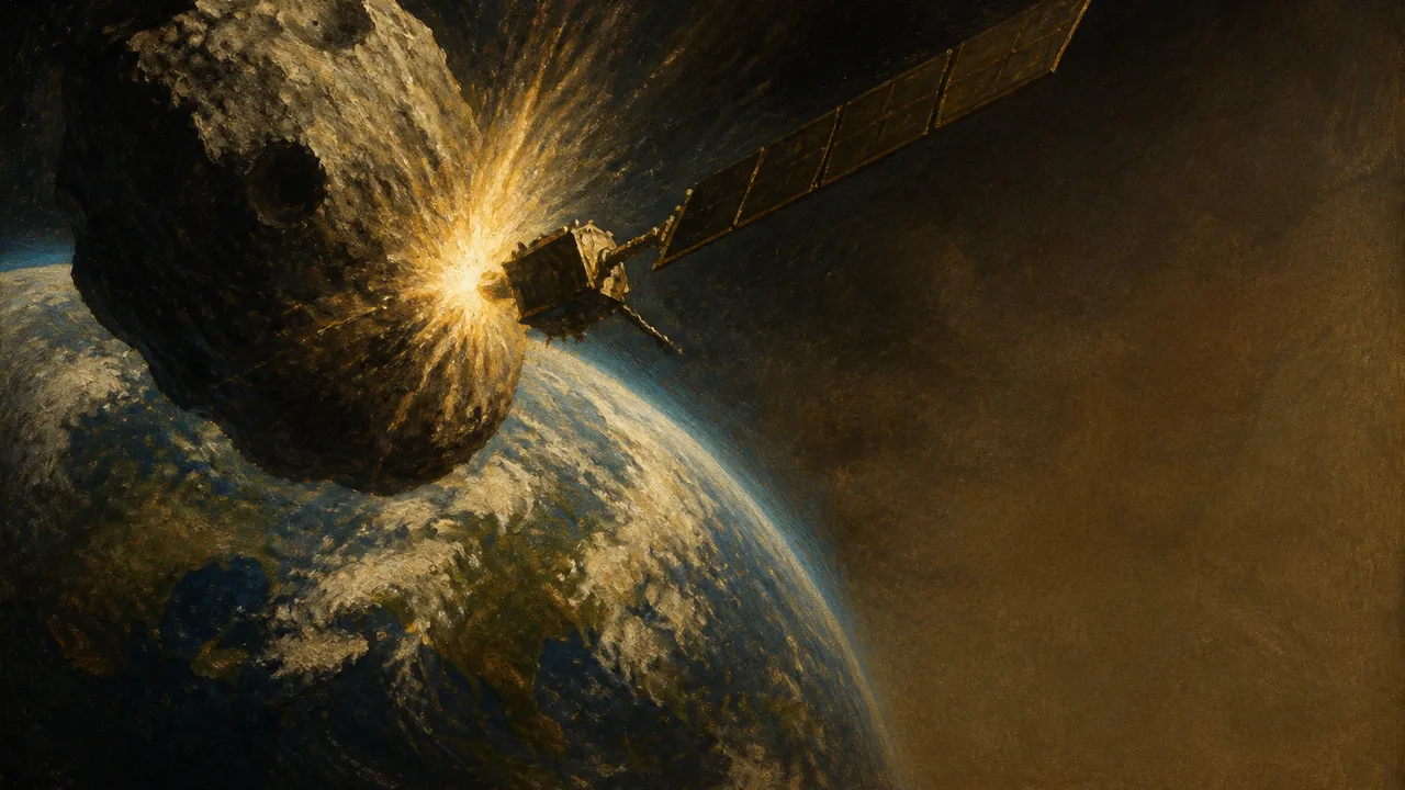 Two people react with shock as a glowing asteroid hurtles toward Earth with "COMING 2049" text overlaid on a starfield…