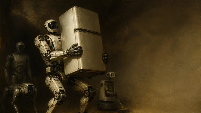 Blue and black humanoid robot carrying a refrigerator on stage at Boston Dynamics presentation with audience watching.