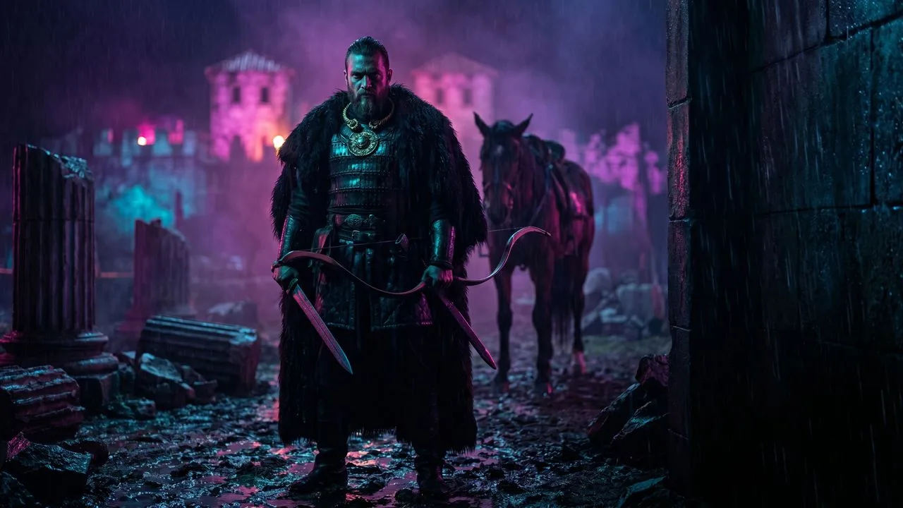 A weathered barbarian warrior in ornate armor faces the camera with a burning city engulfed in flames behind him and a…