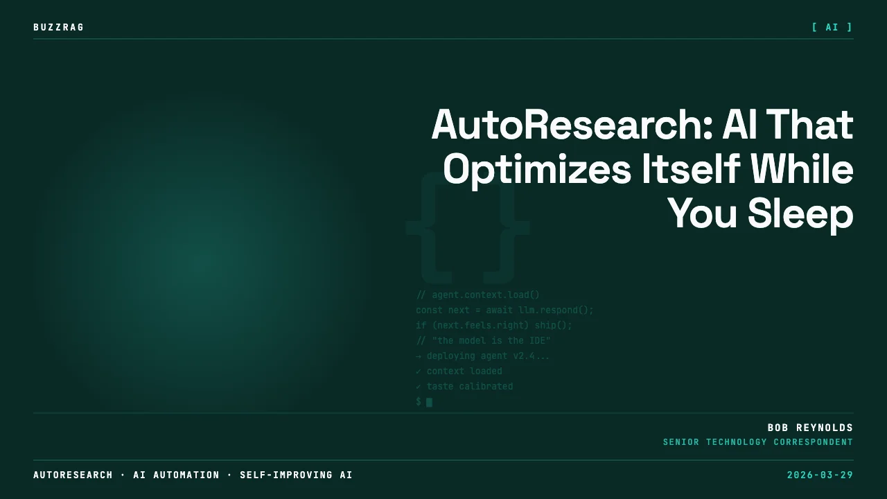 A man in a dark sweater stands next to a browser window displaying a flowchart and graphs labeled "Karpathy's Autoresearch