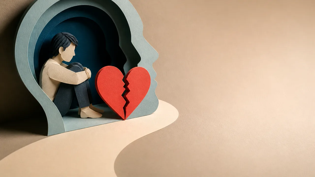 Two cartoon figures embracing against a scratched wall, with text "TERRIFIED OF LOVE?" displayed prominently on the left