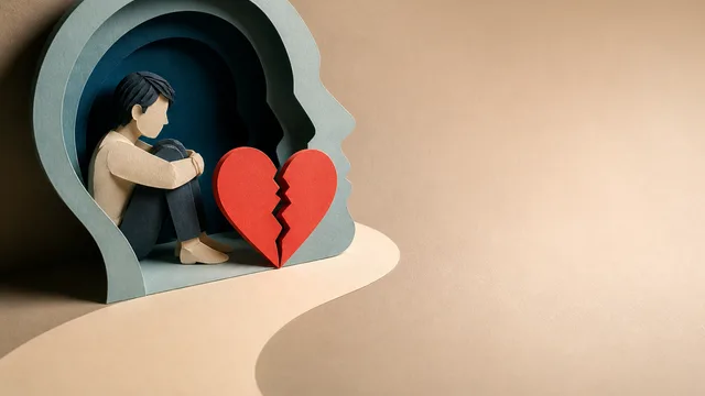 Two cartoon figures embracing against a scratched wall, with text "TERRIFIED OF LOVE?" displayed prominently on the left