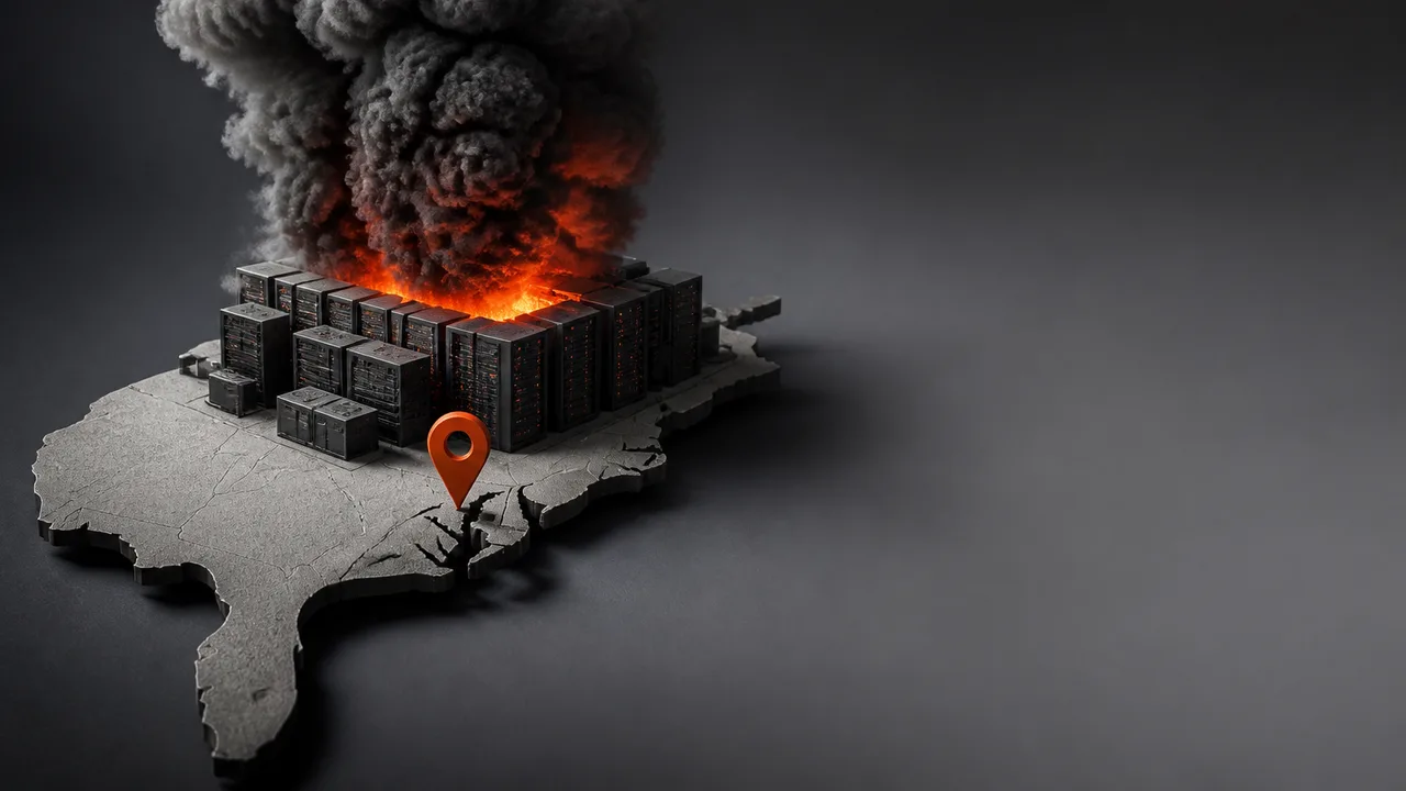 Man with beard discusses AWS outages alongside neon red cloud icon with warning symbol and server imagery against digital…