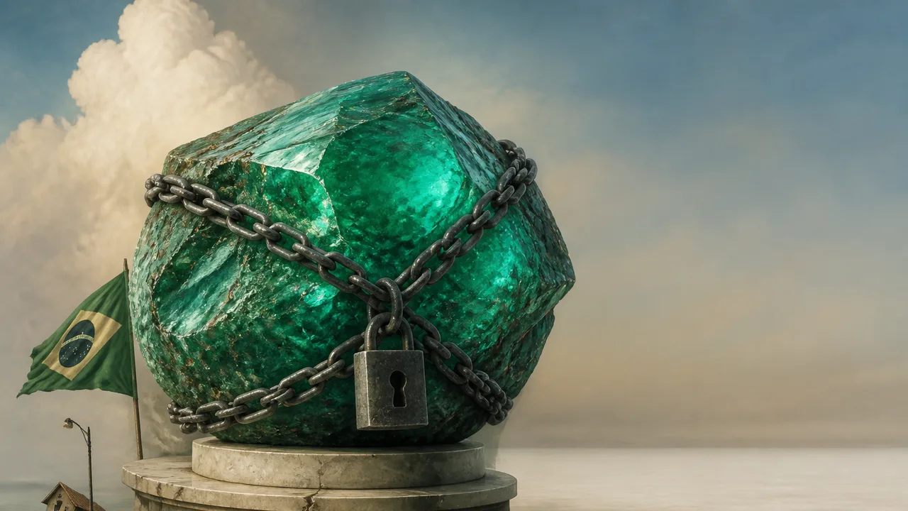 Glowing green emerald crystals in magnified detail with an arrow pointing to a topographic map of South America against a…