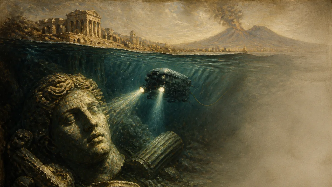Underwater stone sculpture of a face covered in algae and marine growth, with the Odyssey logo in bottom left corner
