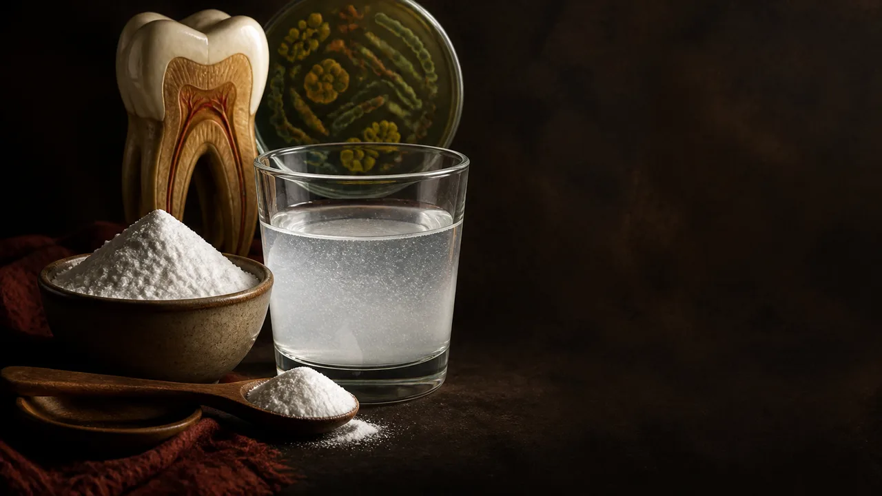 Man with surprised expression next to a spoon of white powder and glass of water with text "NO CAVITIES 1 Tbsp