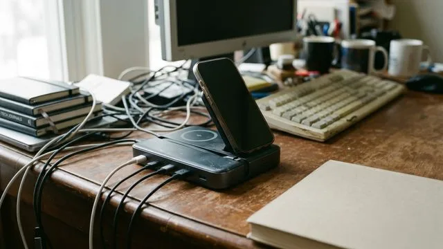Multiple smartphones and orange accessories charging with "100% Charged" displayed on center phone screen, with "Just…