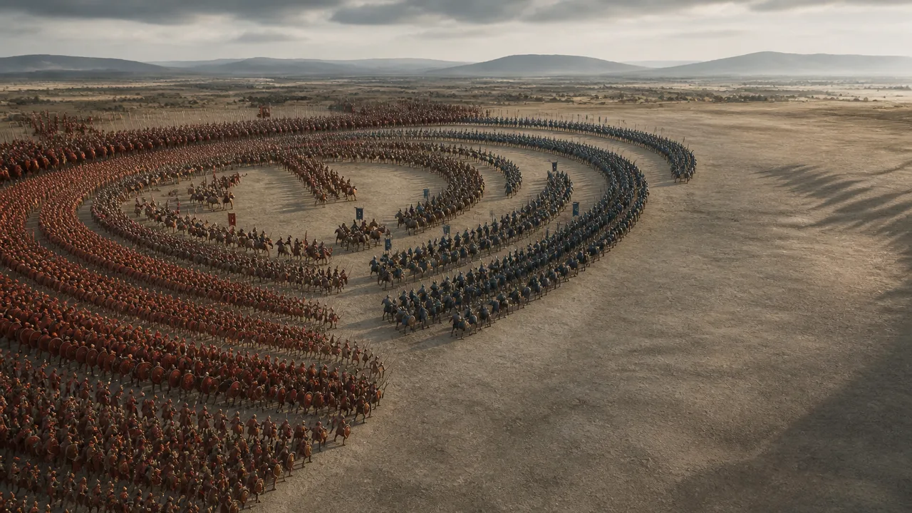Aerial view of 136,000 soldiers arranged in formation across a plain for the Battle of Cannae simulation