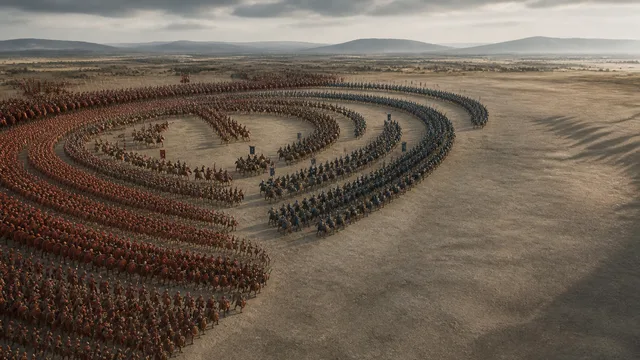 Aerial view of 136,000 soldiers arranged in formation across a plain for the Battle of Cannae simulation