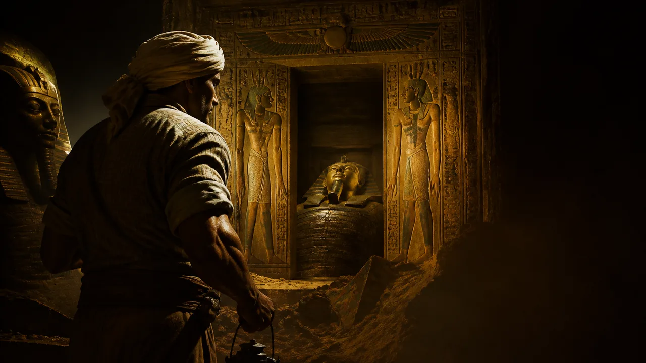 Ancient Egyptian pharaoh statues carved in stone inside a dimly lit tomb chamber with hieroglyphics visible on walls and…