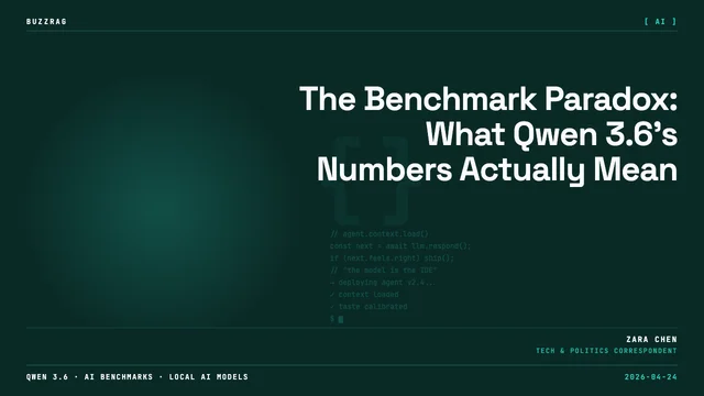 A scale comparing two glowing boxes labeled "27B" and "397B" with text asking "DENSE > MoE?" and Qwen 3.6 branding, set in…