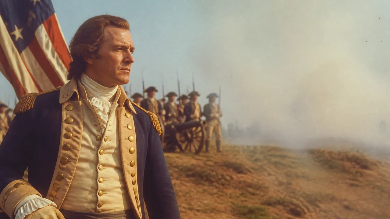 A colonial-era military officer in tricorn hat faces the camera with a Revolutionary War battle scene and mountains in the…