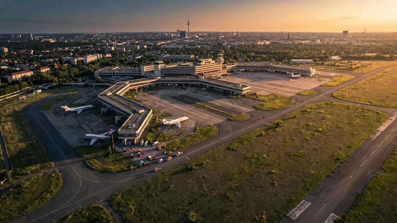 Aerial view of a large abandoned airport terminal with distinctive red brick architecture and empty concrete surroundings,…
