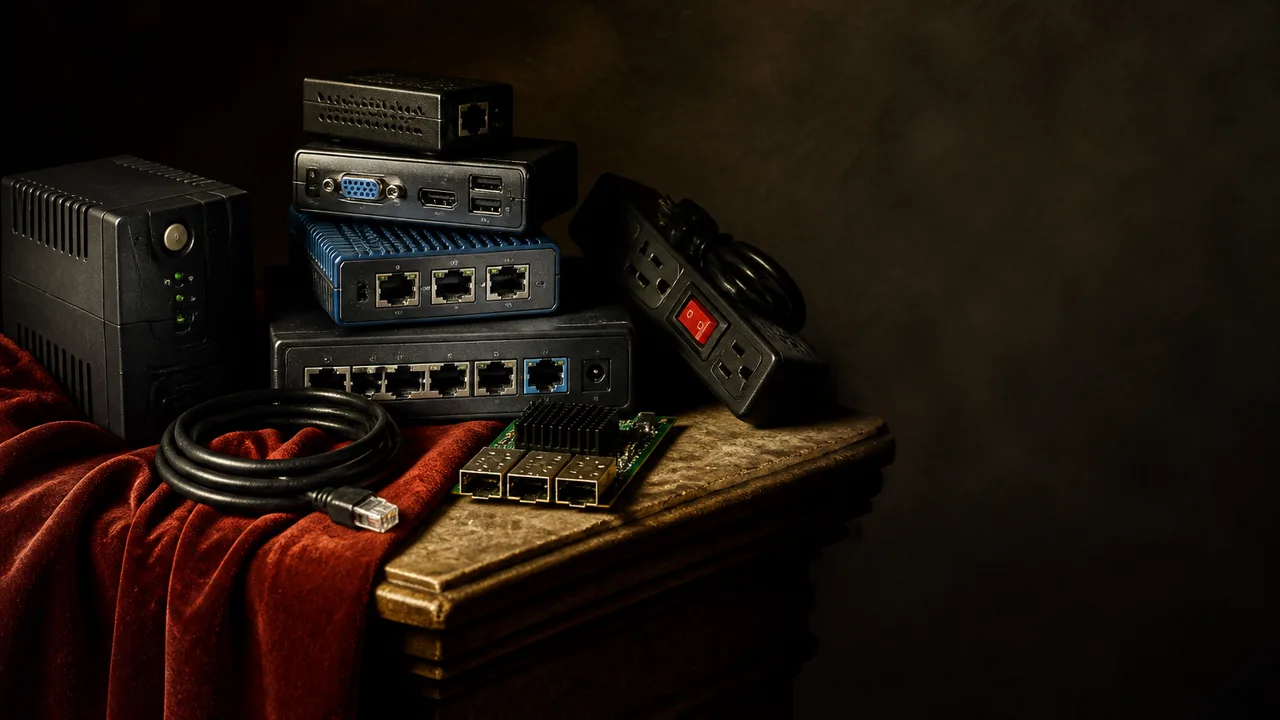 Man displays computer components and tools including power supplies, SSDs, screwdrivers, and a multimeter arranged on a…