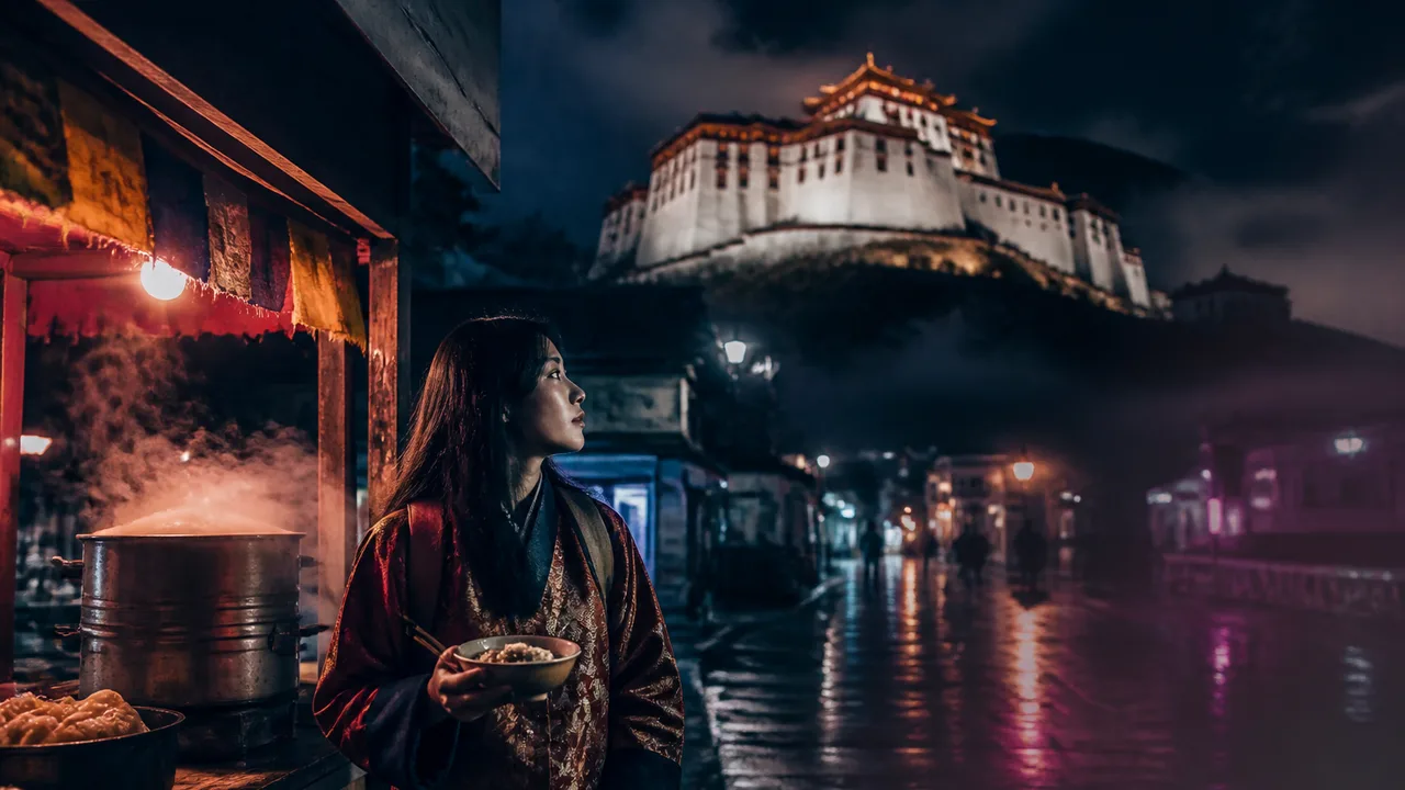 Two contrasting people stand against split backgrounds: a smiling woman in red before a serene Asian temple and mountains,…