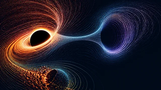 Two men at microphones flanking cosmic imagery of a golden black hole and blue wormhole against a starry background, with…
