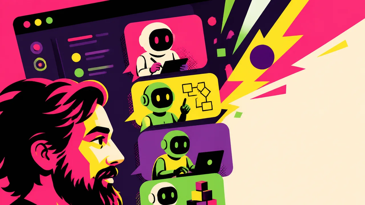A smiling person in a black shirt against a bright yellow background with a black robot icon and "BUZZ" text displayed