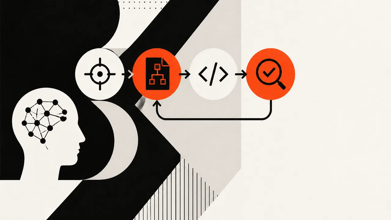 Two men excitedly point at a glowing "QUICK-DEV" circle with three skill boxes, set against a dark code background with…