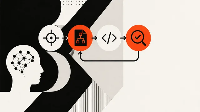 Two men excitedly point at a glowing "QUICK-DEV" circle with three skill boxes, set against a dark code background with…